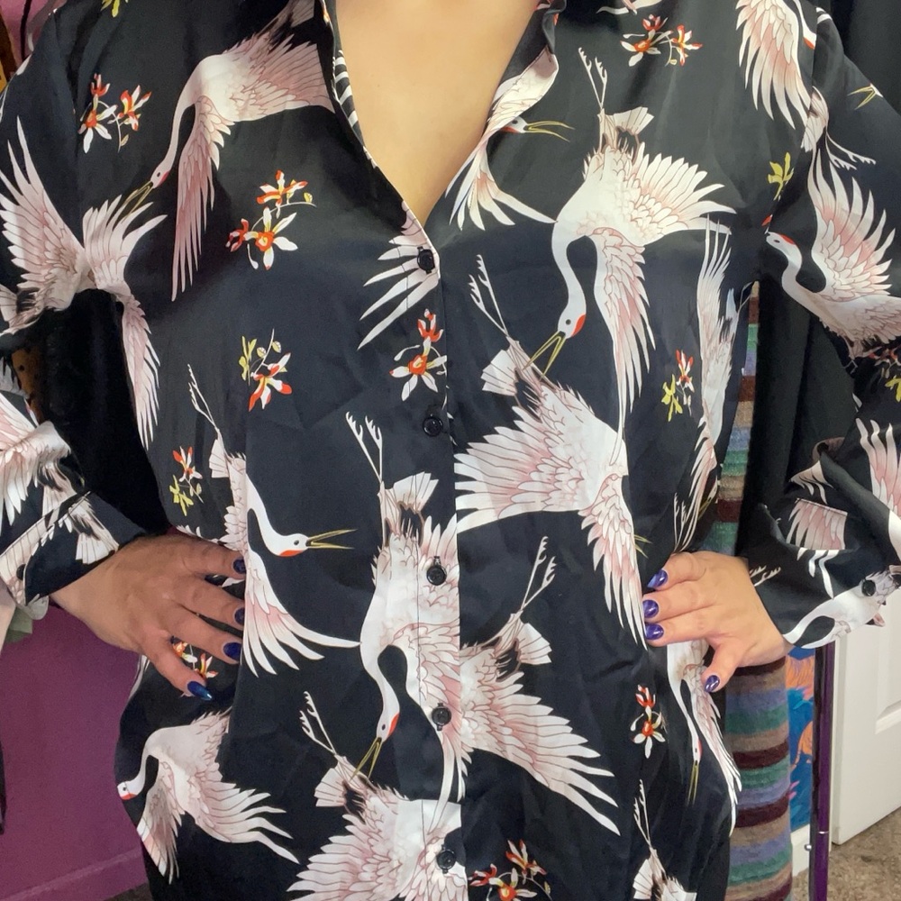 Black Crane Bird Print Button Up Blouse Top